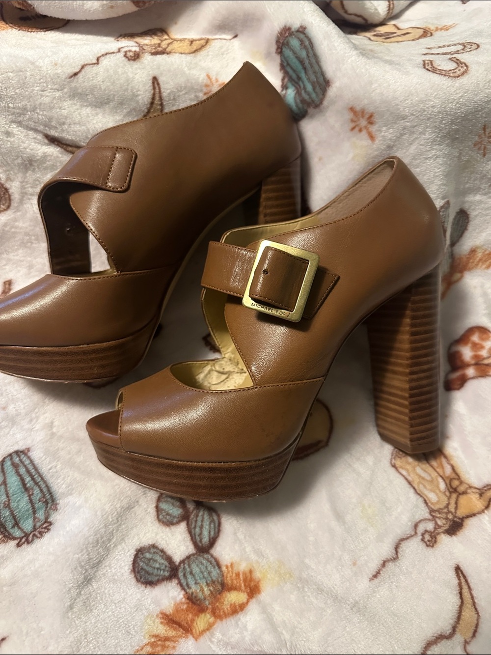 Michael Kors Tan Brown Leather Platform Peep-Toe Heels with Buckle